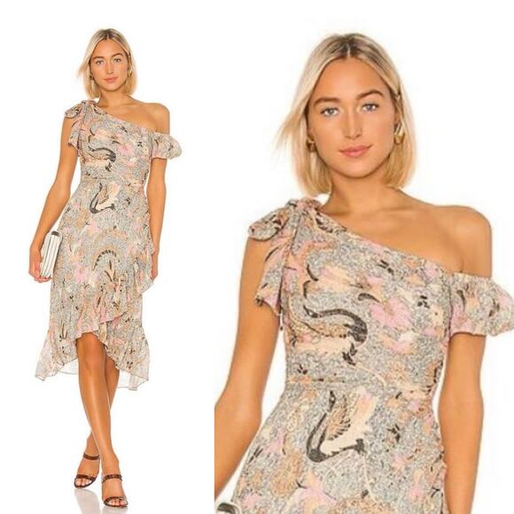 Ulla Johnson Dresses & Skirts - Ulla Johnson Uma Midi Dress Ivory Birds Of Paradise Ruffle Asymmetrical 0 2 Silk